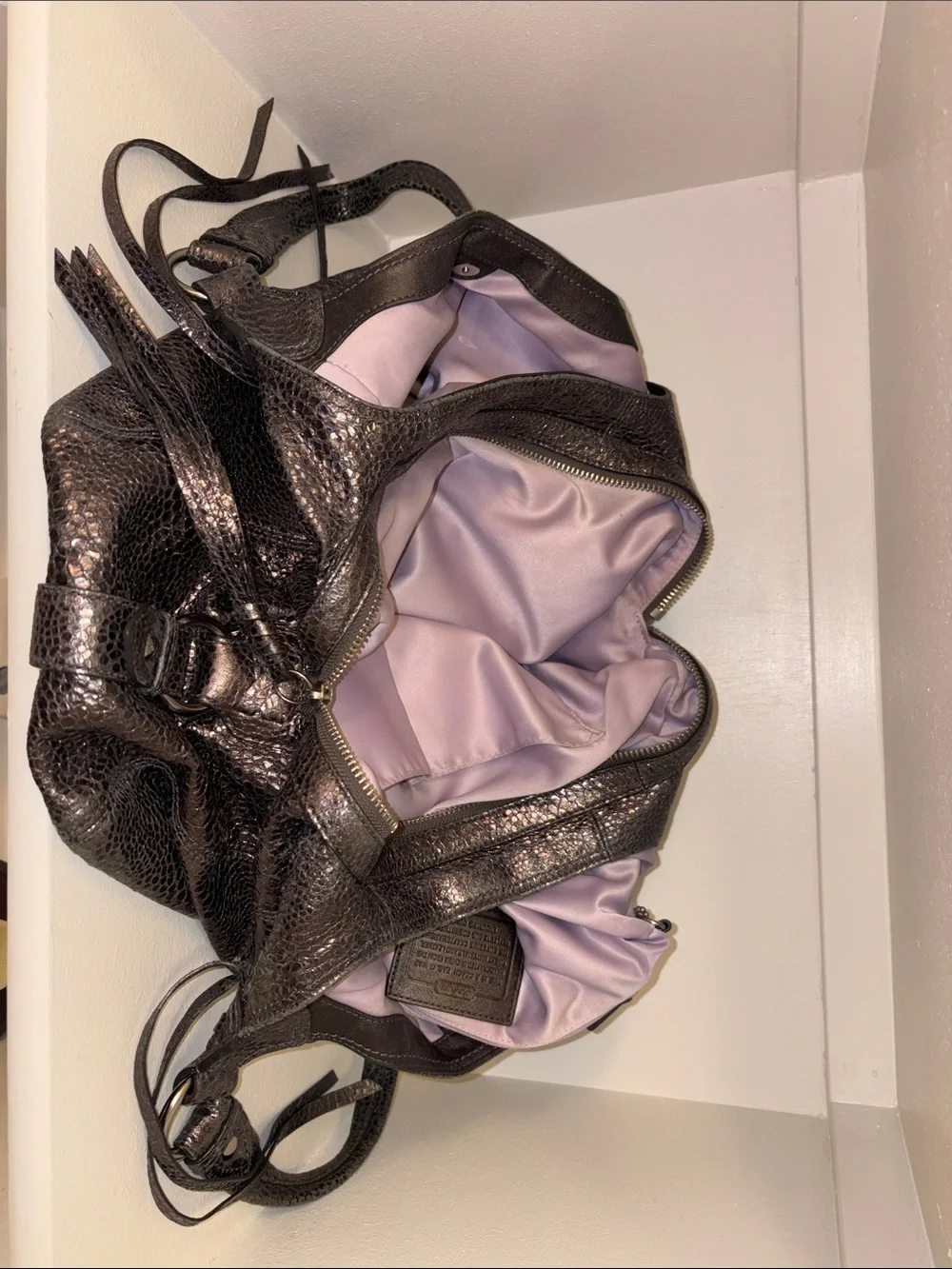 COACH Maggie Crinkle Gunmetal Silver Python Metallic Hobo Bag